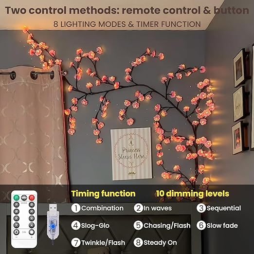 LED Tree Branch Lights for Wall, Cherry Blossom Willow Vine Twig Decor Garland with 72 LED Lights and Remote,8 Lighting Modes,Christmas Decorations Indoor for Home Wall Door Window