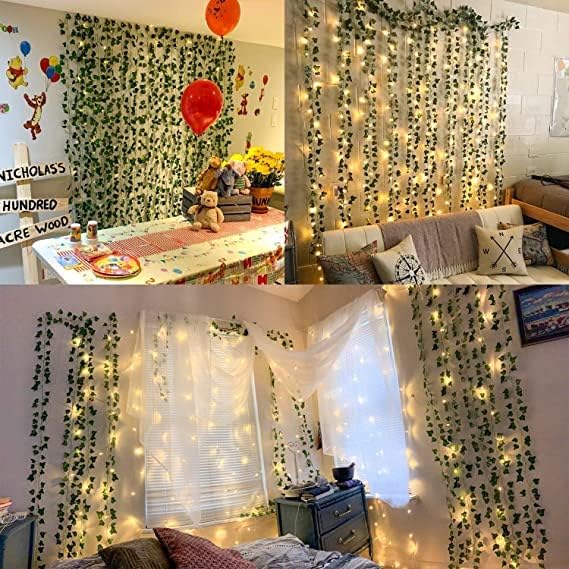 MoonlitDreams 7ft Artificial Money Plant Vine with 30 Warm White LED Lights, Battery Operated Copper Wire String, Decorative Hanging Creeper for Bedroom, Wall, Balcony & Home Decor