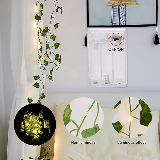 MoonlitDreams 7ft Artificial Money Plant Vine with 30 Warm White LED Lights, Battery Operated Copper Wire String, Decorative Hanging Creeper for Bedroom, Wall, Balcony & Home Decor