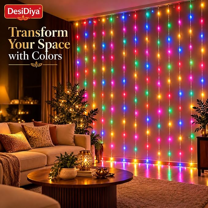 Desidiya 200 LED Waterfall Curtain String Lights 3x2m Multi Color 8 Lighting Modes, Adjustable Brightness, Memory Function, 10 Hanging Strands, Indoor & Outdoor Use