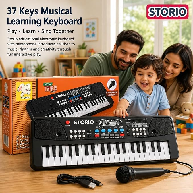 Storio Kids Piano Keyboard with Mic | 37 Keys, 8 Rhythms, 8 Tones & 6 Demo Songs | Electronic Musical Toy for Boys & Girls Age 2-5 | Educational & Recording Keyboard for Beginners