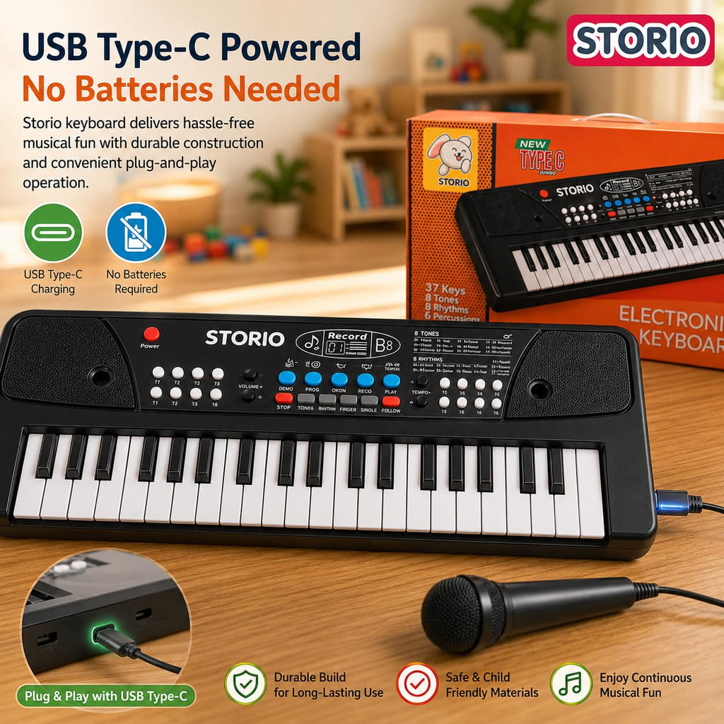 Storio Kids Piano Keyboard with Mic | 37 Keys, 8 Rhythms, 8 Tones & 6 Demo Songs | Electronic Musical Toy for Boys & Girls Age 2-5 | Educational & Recording Keyboard for Beginners