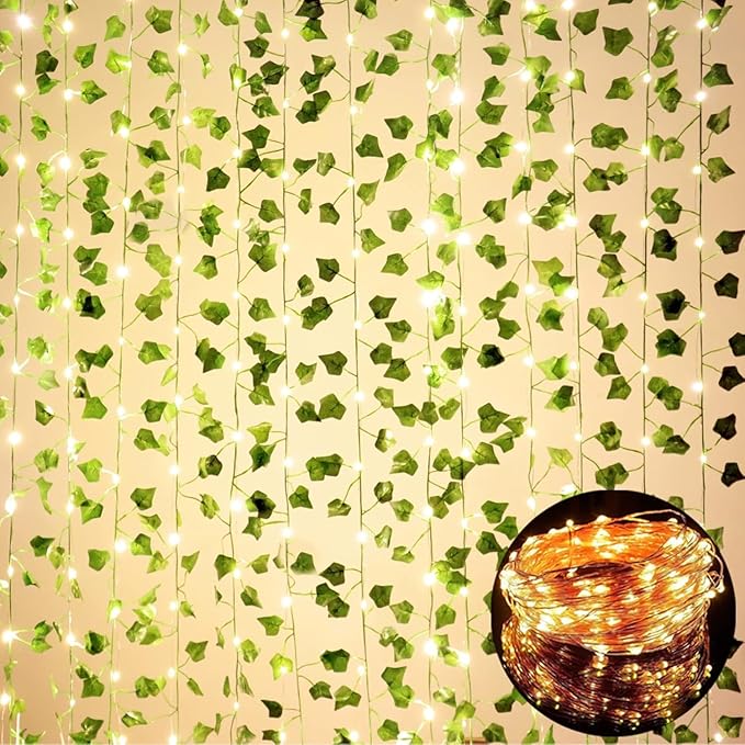 MoonlitDreams 7ft Artificial Money Plant Vine with 30 Warm White LED Lights, Battery Operated Copper Wire String, Decorative Hanging Creeper for Bedroom, Wall, Balcony & Home Decor