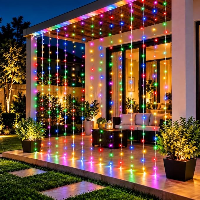 Desidiya 200 LED Waterfall Curtain String Lights 3x2m Multi Color 8 Lighting Modes, Adjustable Brightness, Memory Function, 10 Hanging Strands, Indoor & Outdoor Use