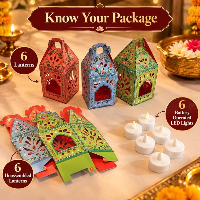 Diwali Decorations, Paper hangings 6 pcs with 6 led Lights, Gift Items - Decoration hangings Latkan/Toran/Wall hangings (Paper Lantern - 6)