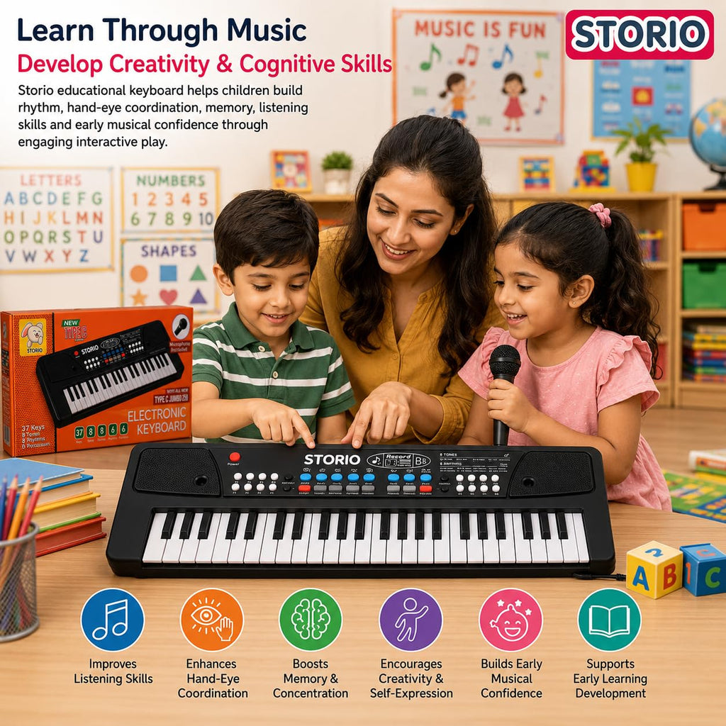 Storio Kids Piano Keyboard with Mic | 37 Keys, 8 Rhythms, 8 Tones & 6 Demo Songs | Electronic Musical Toy for Boys & Girls Age 2-5 | Educational & Recording Keyboard for Beginners