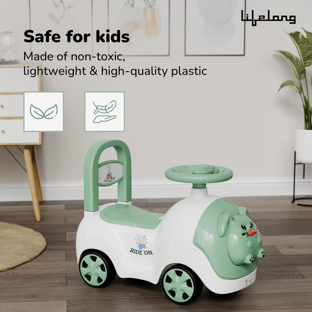 Lifelong Bunny Manual Push Rideon Toy Car with Back Support for Boys & Girls 1-4 Yrs, Non-Musical, Easy Installation, 50kg Capacity, Storage, Indoor Outdoor (LLCBBR02)