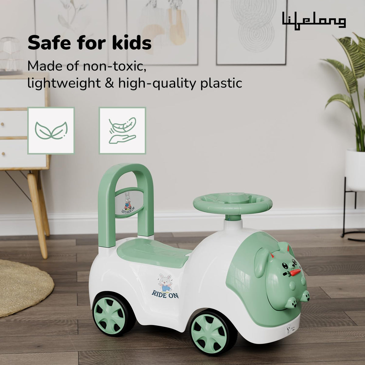 Lifelong Bunny Manual Push Rideon Toy Car with Back Support for Boys & Girls 1-4 Yrs, Non-Musical, Easy Installation, 50kg Capacity, Storage, Indoor Outdoor (LLCBBR02)