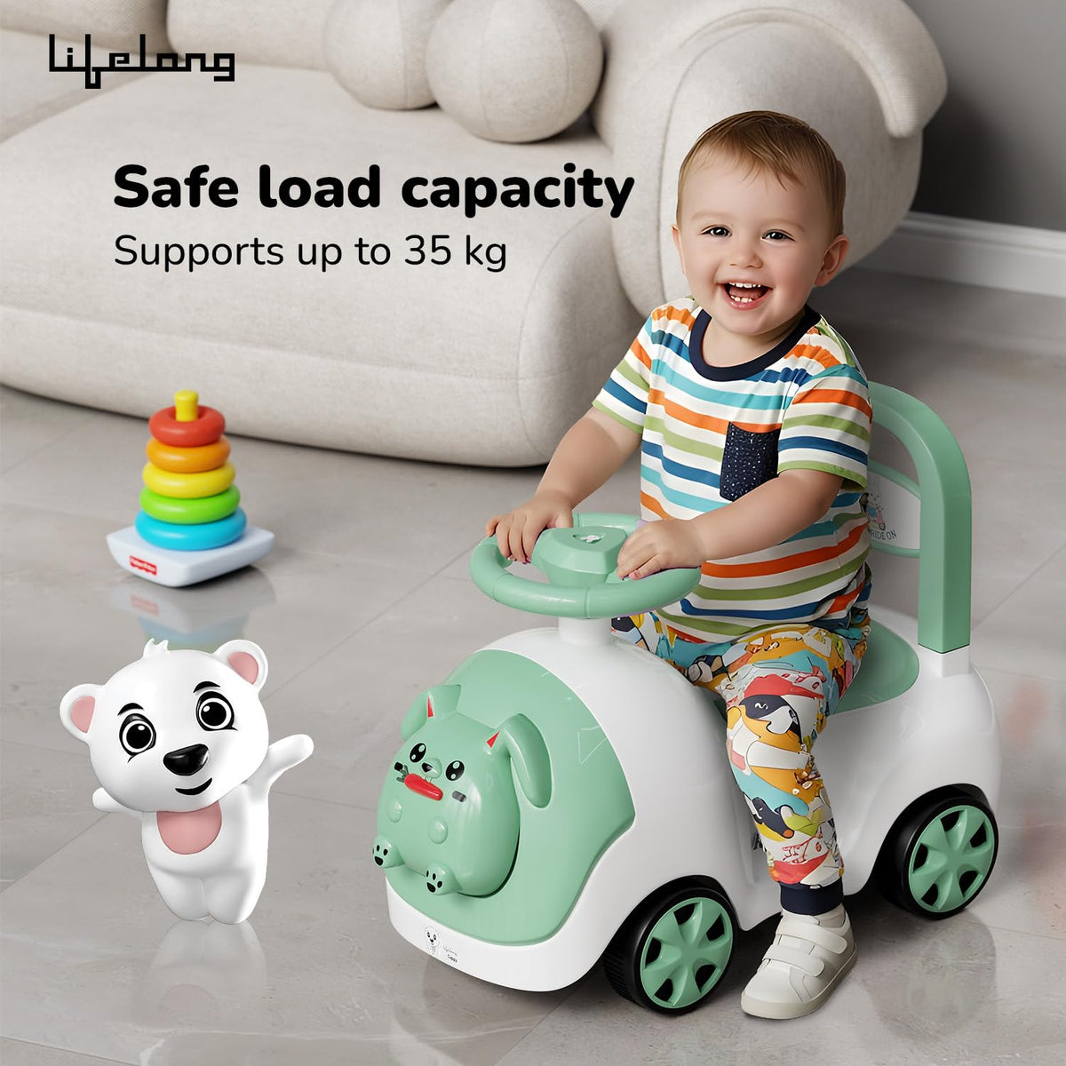 Lifelong Bunny Manual Push Rideon Toy Car with Back Support for Boys & Girls 1-4 Yrs, Non-Musical, Easy Installation, 50kg Capacity, Storage, Indoor Outdoor (LLCBBR02)