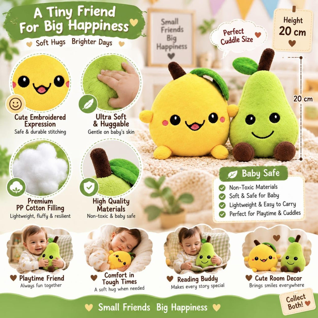 Mango & Pear Plush Toy Set of 2, Cute Fruit Stuffed Soft Toys, 20 cm, Kawaii Cuddly Toys for Kids, Girls & Boys