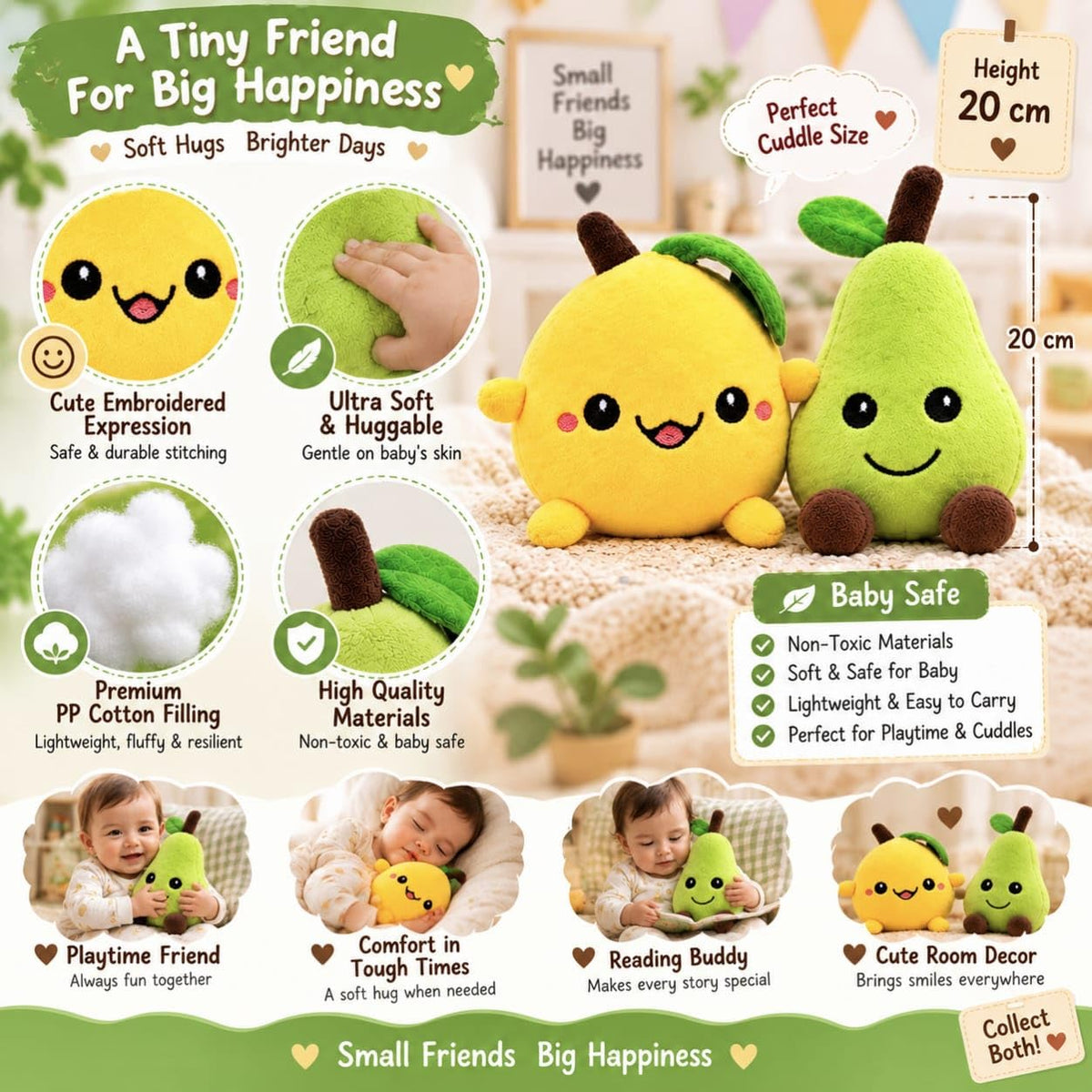Mango & Pear Plush Toy Set of 2, Cute Fruit Stuffed Soft Toys, 20 cm, Kawaii Cuddly Toys for Kids, Girls & Boys