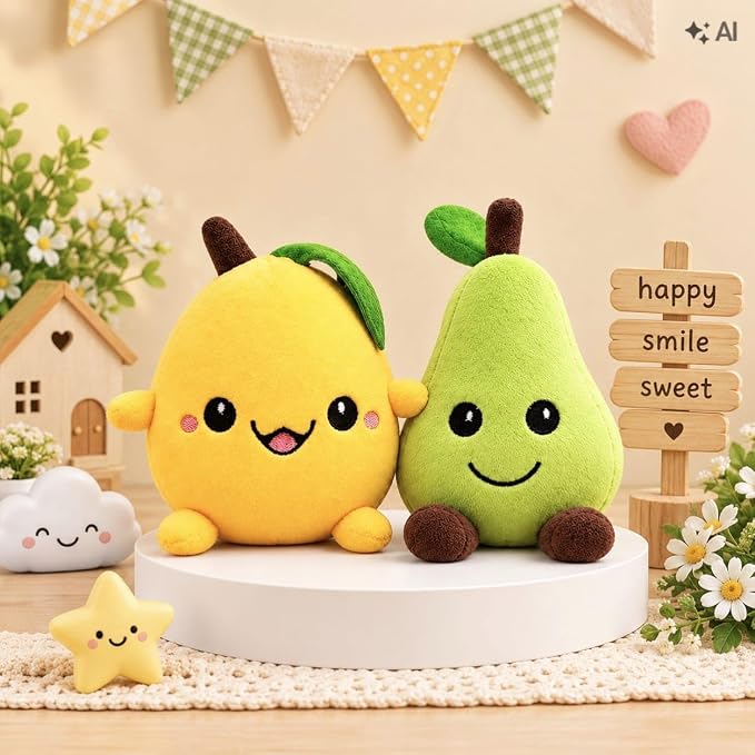 Mango & Pear Plush Toy Set of 2, Cute Fruit Stuffed Soft Toys, 20 cm, Kawaii Cuddly Toys for Kids, Girls & Boys