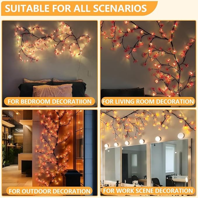 LED Tree Branch Lights for Wall, Cherry Blossom Willow Vine Twig Decor Garland with 72 LED Lights and Remote,8 Lighting Modes,Christmas Decorations Indoor for Home Wall Door Window