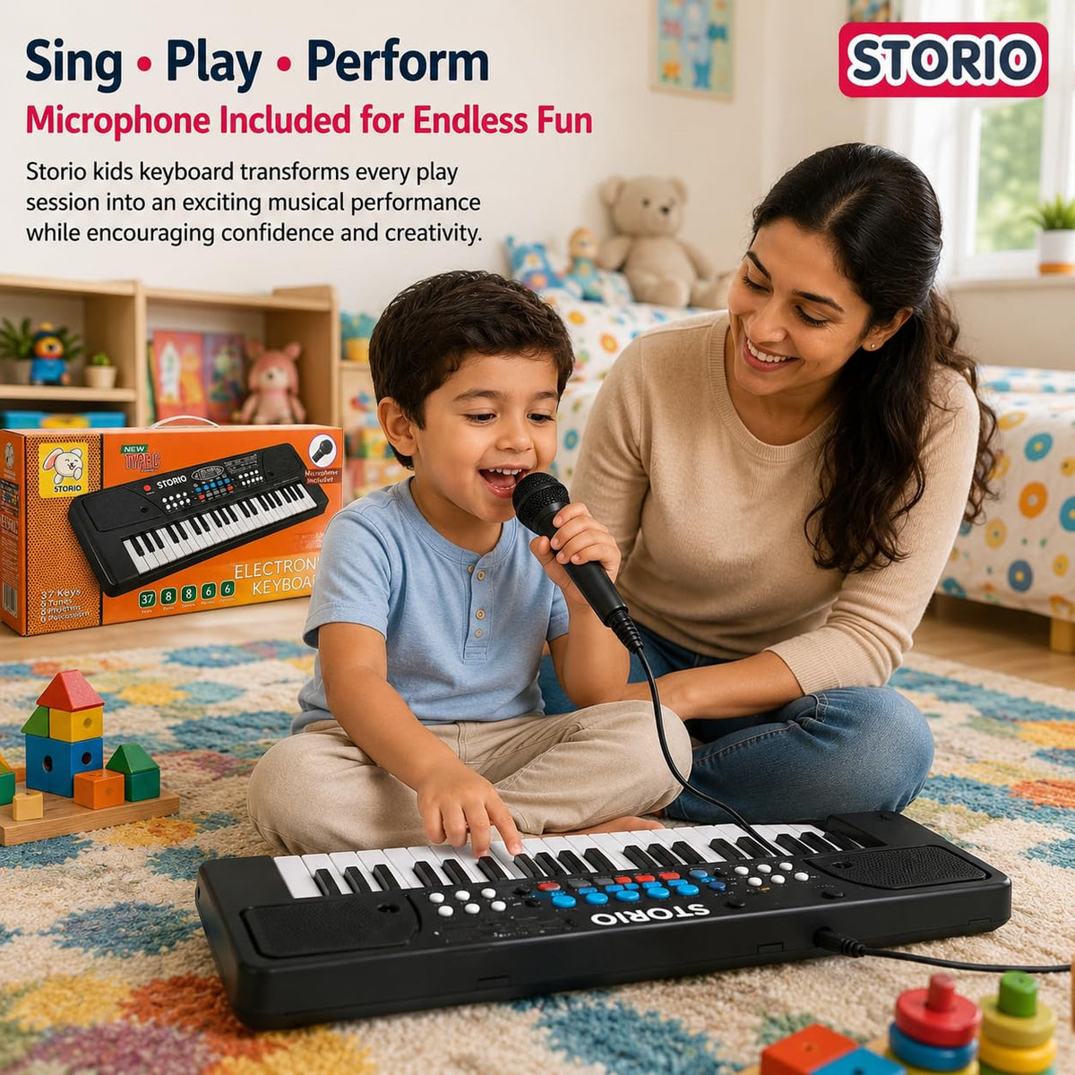Storio Kids Piano Keyboard with Mic | 37 Keys, 8 Rhythms, 8 Tones & 6 Demo Songs | Electronic Musical Toy for Boys & Girls Age 2-5 | Educational & Recording Keyboard for Beginners