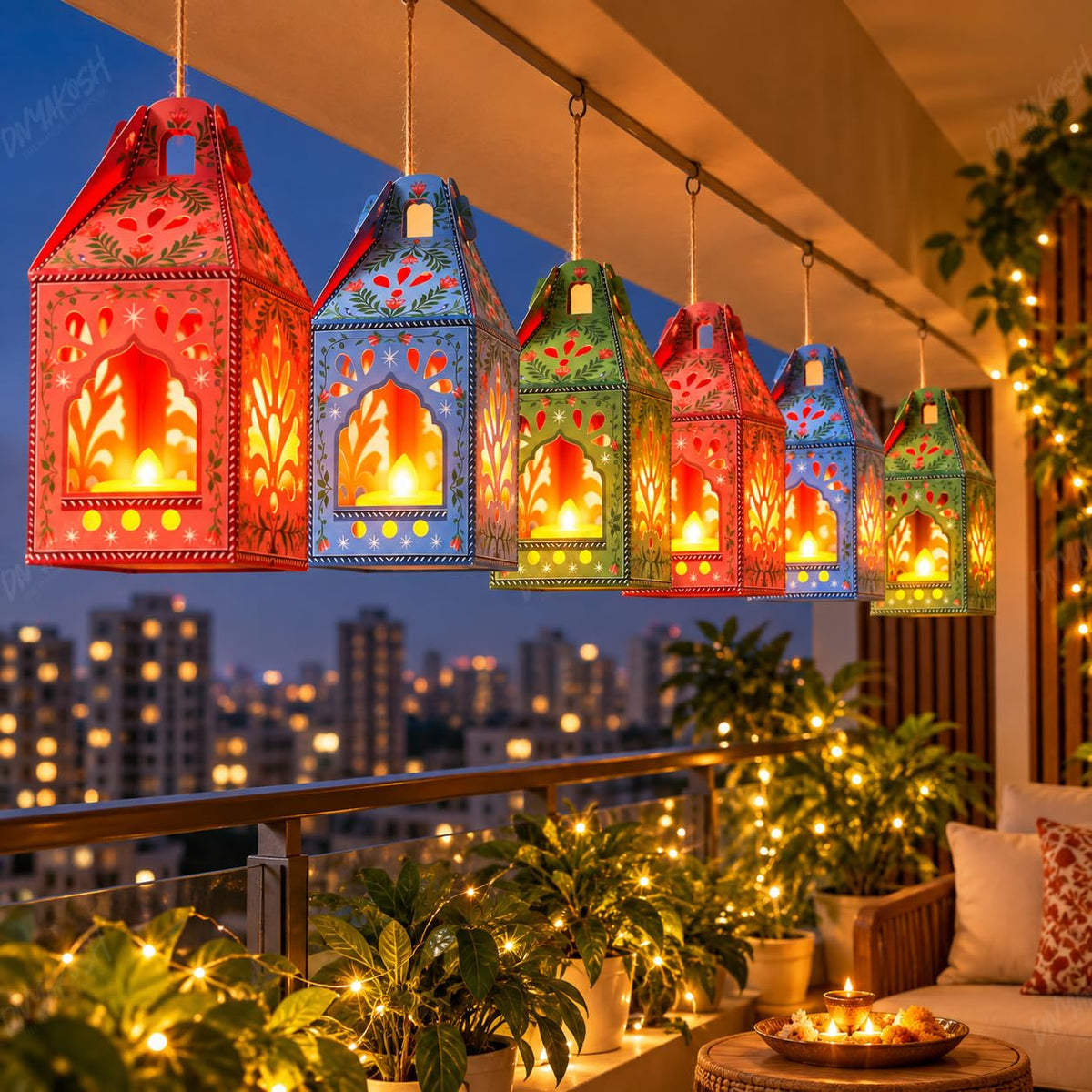 Diwali Decorations, Paper hangings 6 pcs with 6 led Lights, Gift Items - Decoration hangings Latkan/Toran/Wall hangings (Paper Lantern - 6)
