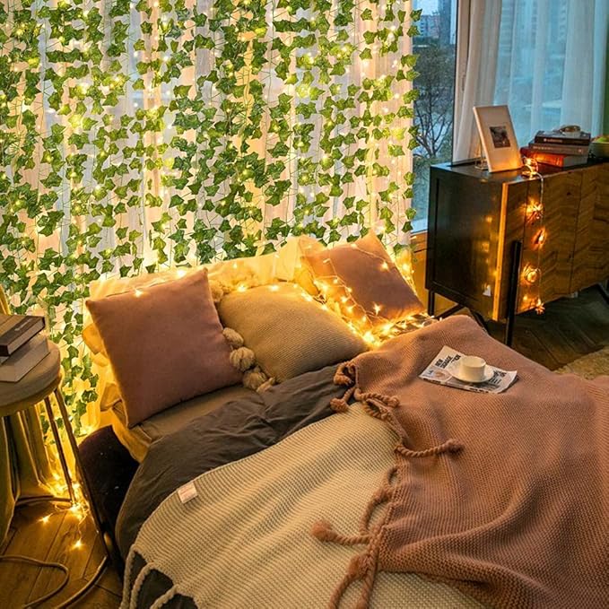 MoonlitDreams 7ft Artificial Money Plant Vine with 30 Warm White LED Lights, Battery Operated Copper Wire String, Decorative Hanging Creeper for Bedroom, Wall, Balcony & Home Decor