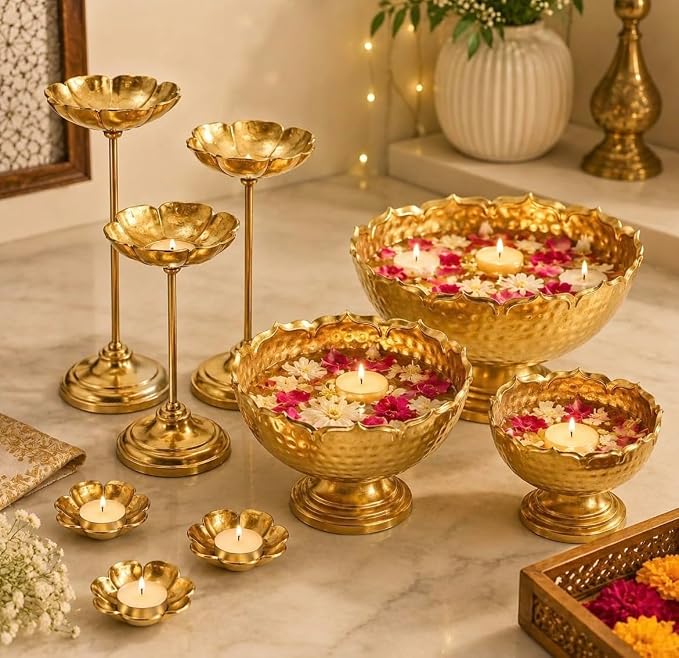 Taj Bowl Hammered Urli Candle Stand with Floating Diya, 9 Pieces Combo, Iron, Silver & Gold Diya Vase Set for Wedding, Party, Home Decoration (Taj Urli Set of 9)