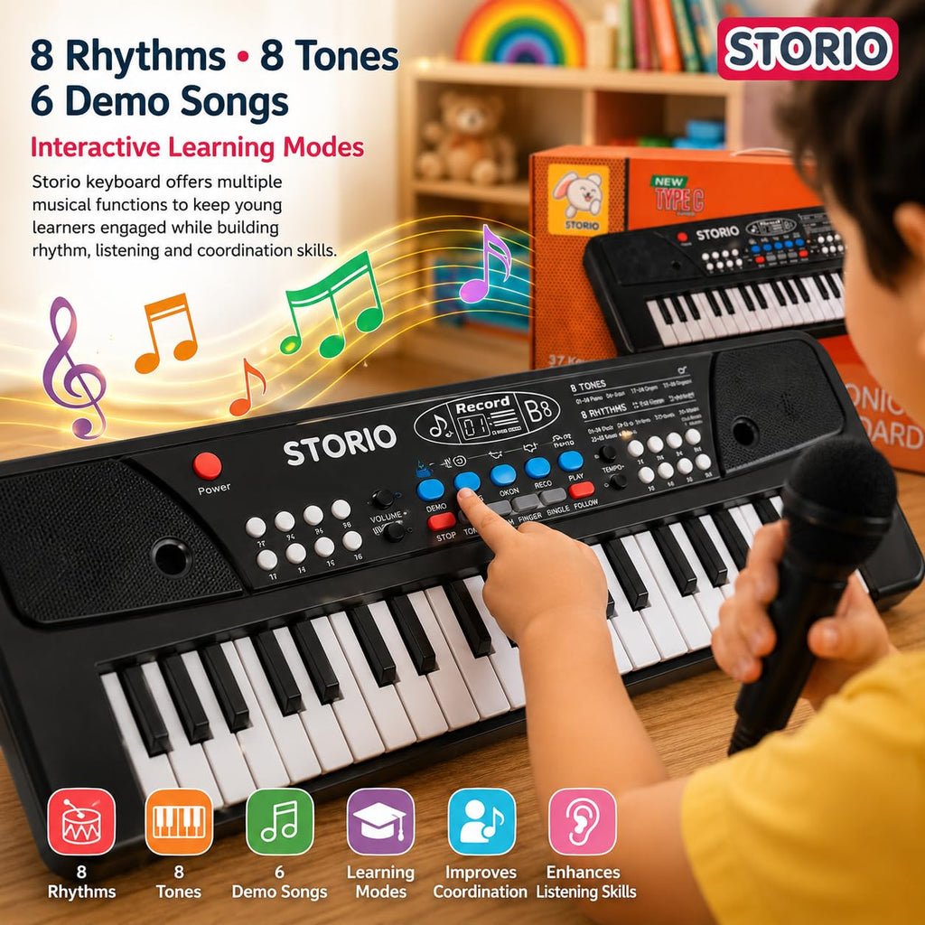 Storio Kids Piano Keyboard with Mic | 37 Keys, 8 Rhythms, 8 Tones & 6 Demo Songs | Electronic Musical Toy for Boys & Girls Age 2-5 | Educational & Recording Keyboard for Beginners