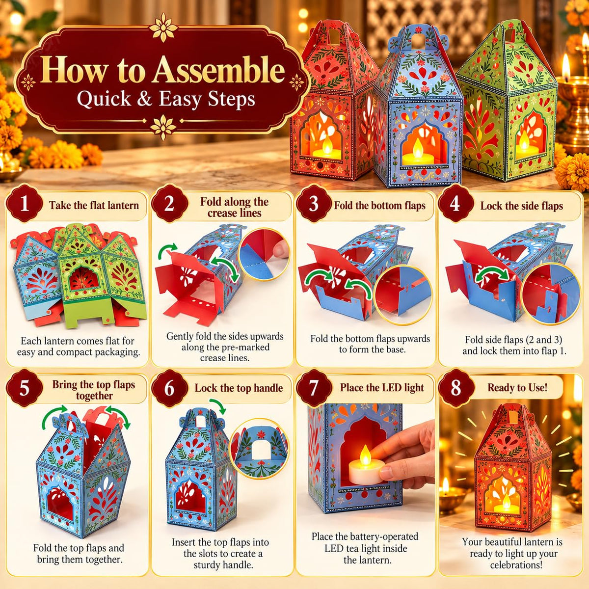 Diwali Decorations, Paper hangings 6 pcs with 6 led Lights, Gift Items - Decoration hangings Latkan/Toran/Wall hangings (Paper Lantern - 6)