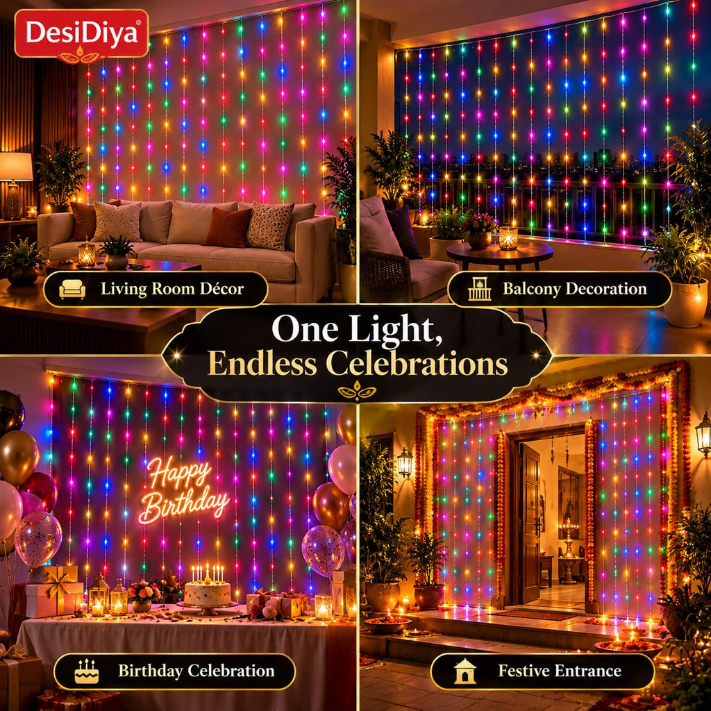 Desidiya 200 LED Waterfall Curtain String Lights 3x2m Multi Color 8 Lighting Modes, Adjustable Brightness, Memory Function, 10 Hanging Strands, Indoor & Outdoor Use