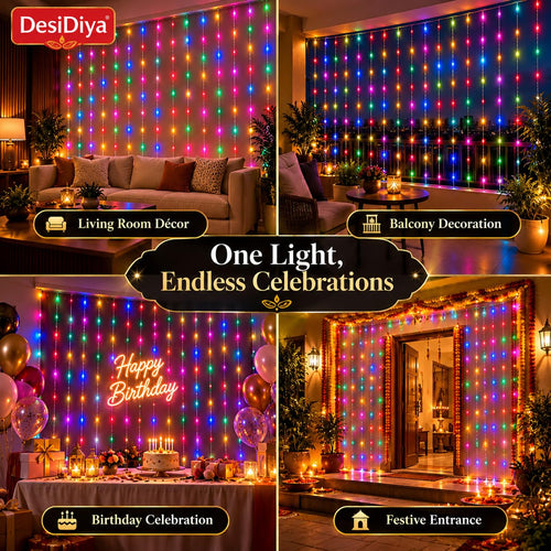 Desidiya 200 LED Waterfall Curtain String Lights 3x2m Multi Color 8 Lighting Modes, Adjustable Brightness, Memory Function, 10 Hanging Strands, Indoor & Outdoor Use