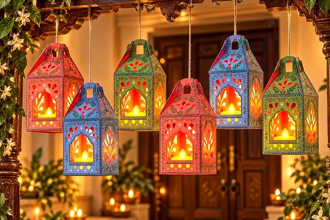 Diwali Decorations, Paper hangings 6 pcs with 6 led Lights, Gift Items - Decoration hangings Latkan/Toran/Wall hangings (Paper Lantern - 6)