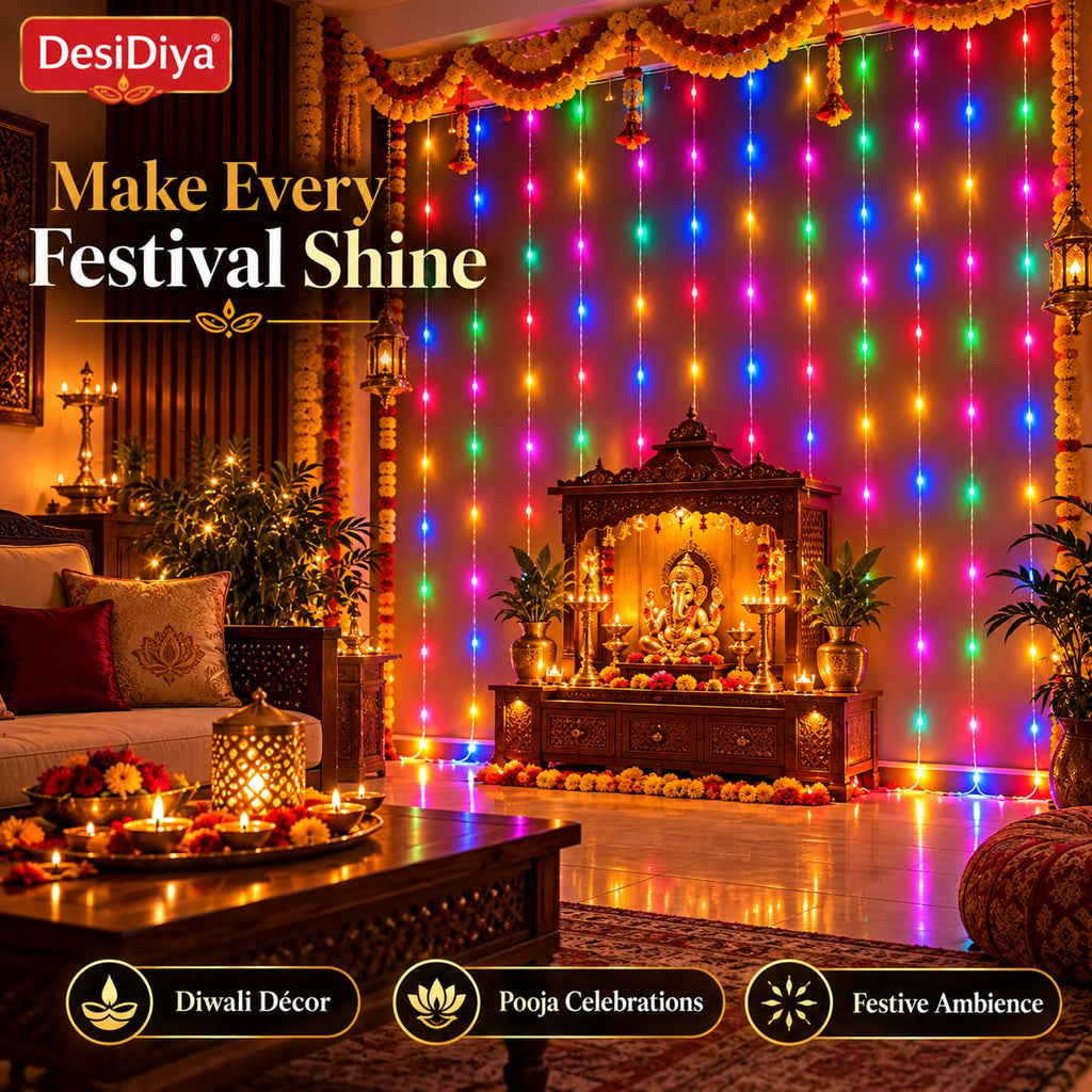 Desidiya 200 LED Waterfall Curtain String Lights 3x2m Multi Color 8 Lighting Modes, Adjustable Brightness, Memory Function, 10 Hanging Strands, Indoor & Outdoor Use