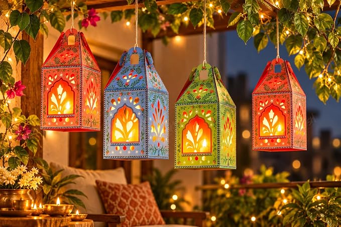 Diwali Decorations, Paper hangings 6 pcs with 6 led Lights, Gift Items - Decoration hangings Latkan/Toran/Wall hangings (Paper Lantern - 6)
