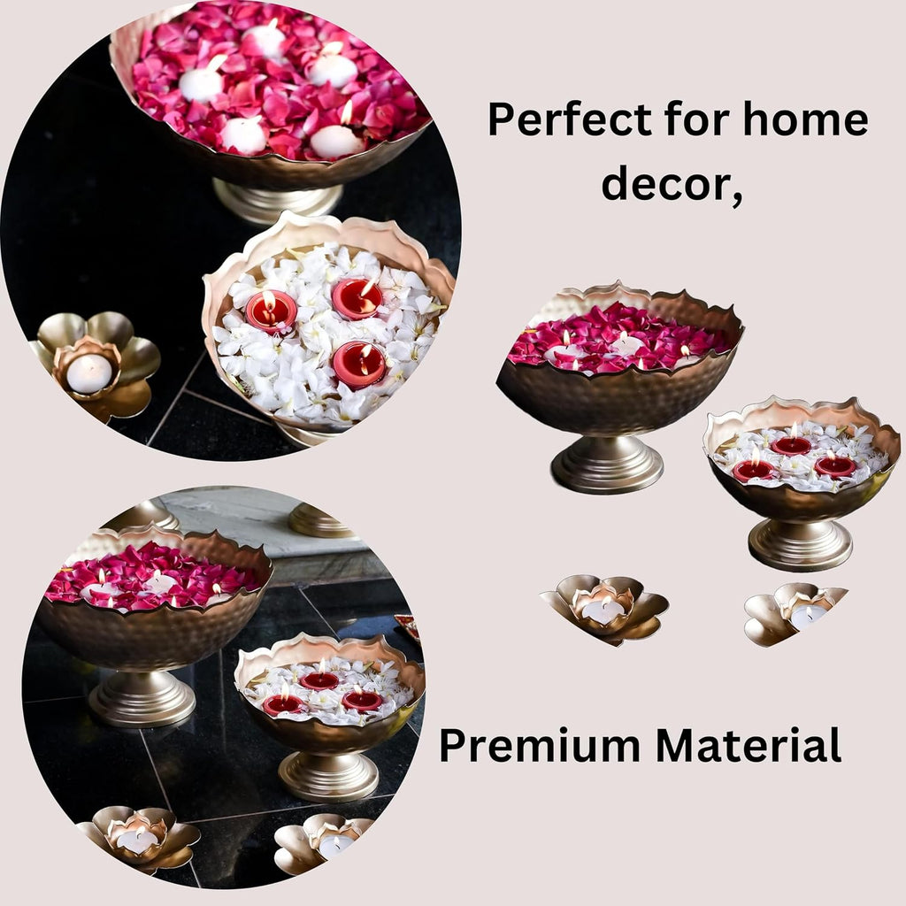 Taj Bowl Hammered Urli Candle Stand with Floating Diya, 9 Pieces Combo, Iron, Silver & Gold Diya Vase Set for Wedding, Party, Home Decoration (Taj Urli Set of 9)