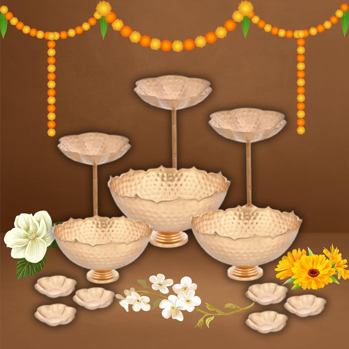 Taj Bowl Hammered Urli Candle Stand with Floating Diya, 9 Pieces Combo, Iron, Silver & Gold Diya Vase Set for Wedding, Party, Home Decoration (Taj Urli Set of 9)