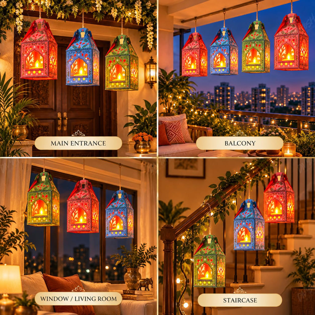 Diwali Decorations, Paper hangings 6 pcs with 6 led Lights, Gift Items - Decoration hangings Latkan/Toran/Wall hangings (Paper Lantern - 6)