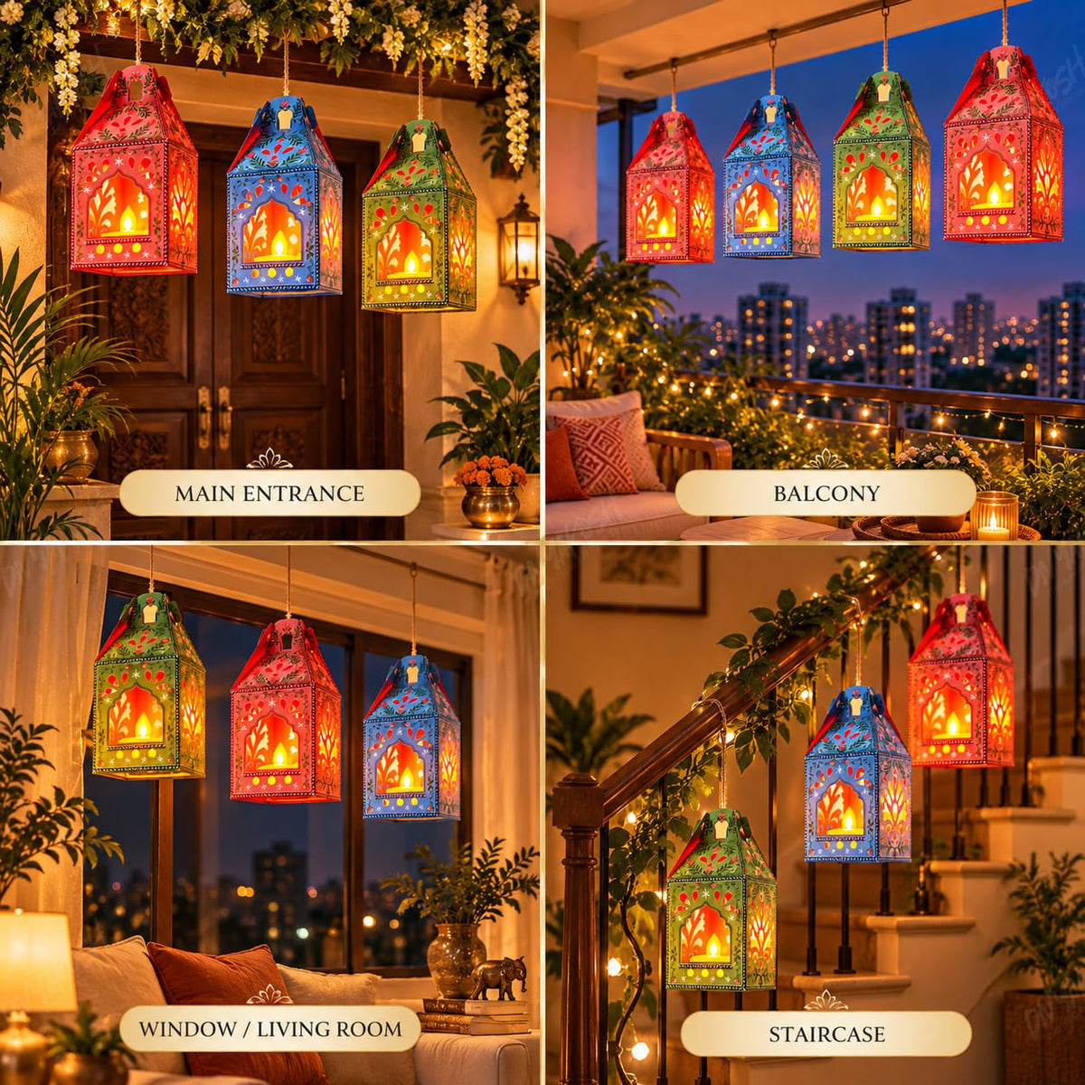 Diwali Decorations, Paper hangings 6 pcs with 6 led Lights, Gift Items - Decoration hangings Latkan/Toran/Wall hangings (Paper Lantern - 6)