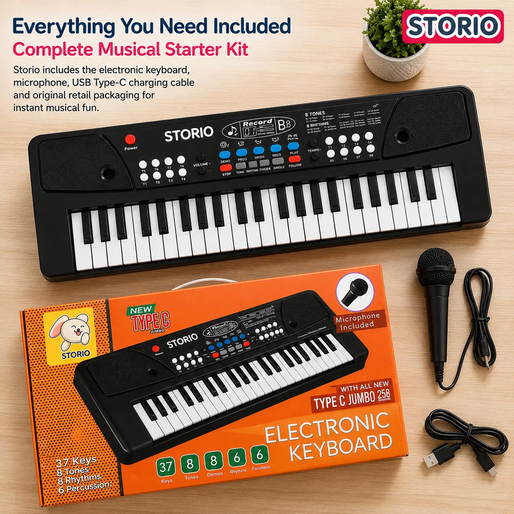 Storio Kids Piano Keyboard with Mic | 37 Keys, 8 Rhythms, 8 Tones & 6 Demo Songs | Electronic Musical Toy for Boys & Girls Age 2-5 | Educational & Recording Keyboard for Beginners